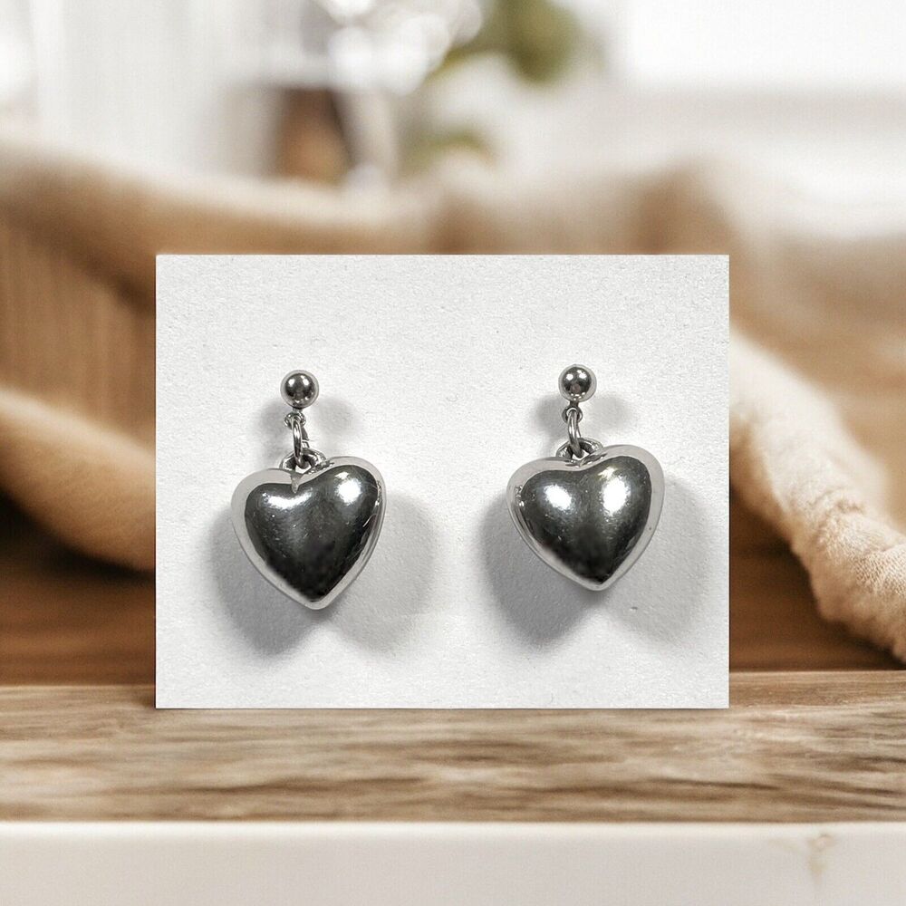 Silver Tone Puffy Heart Earrings Dangle Retro Love Fashion Jewelry Pierced